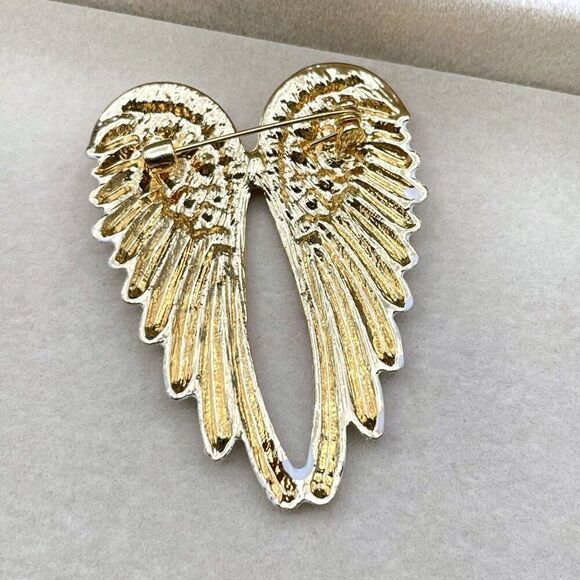 Yellow Gold with Pink Sapphire and AB Crystal Enamel Angel Wing Pin Back Brooch - Picture 8 of 9